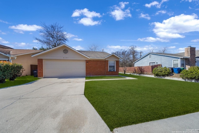 single story home with an attached garage, brick siding, fence, driveway, and a front yard