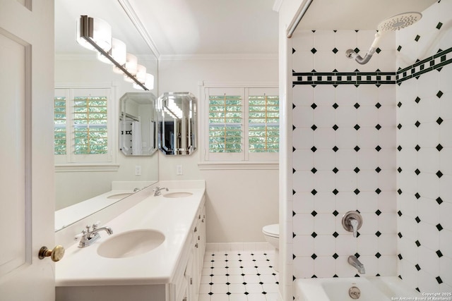 331 Ridgemont, Terrell Hills, TX 78209 - bathroom featuring double vanity, crown molding, and shower / washtub combination