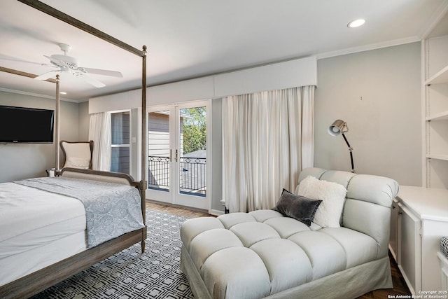 331 Ridgemont, Terrell Hills, TX 78209 - bedroom featuring access to exterior, ornamental molding, recessed lighting, wood finished floors, and ceiling fan