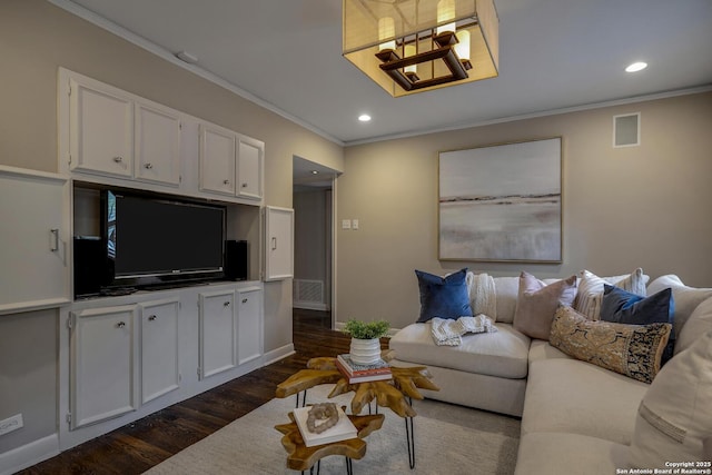 331 Ridgemont, Terrell Hills, TX 78209 - living area featuring dark wood-style floors, ornamental molding, and recessed lighting