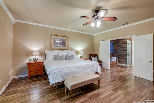 bedroom featuring baseboards, visible vents, ceiling fan, wood finished floors, and crown molding