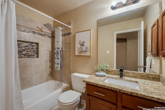 bathroom featuring toilet, a textured wall, shower / bath combination with curtain, and vanity