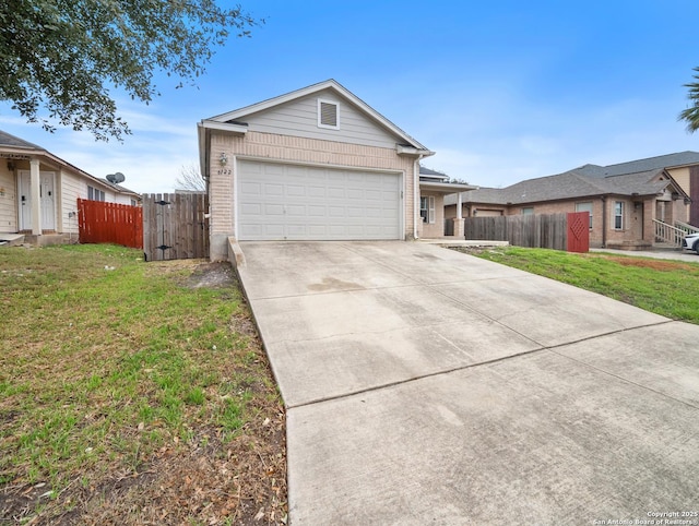 single story home featuring concrete driveway, an attached garage, fence, a front lawn, and brick siding