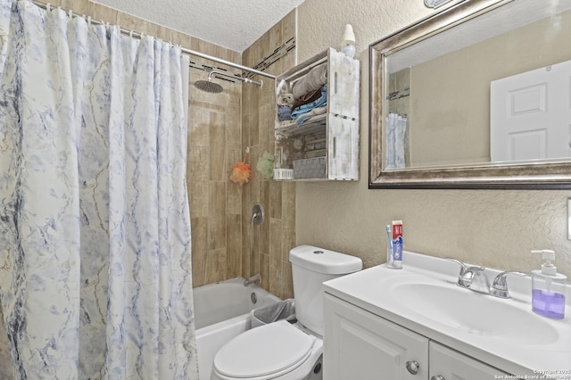 full bathroom with a textured ceiling, a textured wall, toilet, and vanity