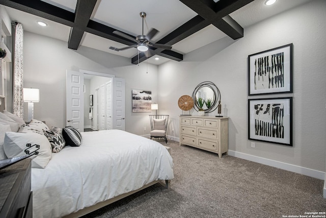 carpeted bedroom with recessed lighting, visible vents, coffered ceiling, beamed ceiling, and baseboards