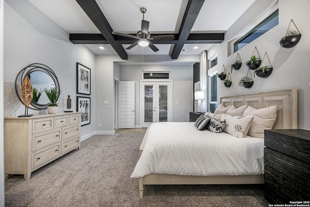 carpeted bedroom featuring baseboards, coffered ceiling, access to outside, french doors, and beam ceiling