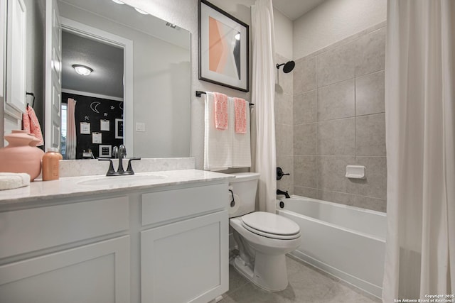 bathroom featuring toilet, shower / tub combo, vanity, a textured ceiling, and tile patterned flooring