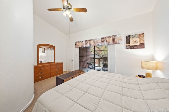 bedroom with carpet floors, access to exterior, vaulted ceiling, and ceiling fan