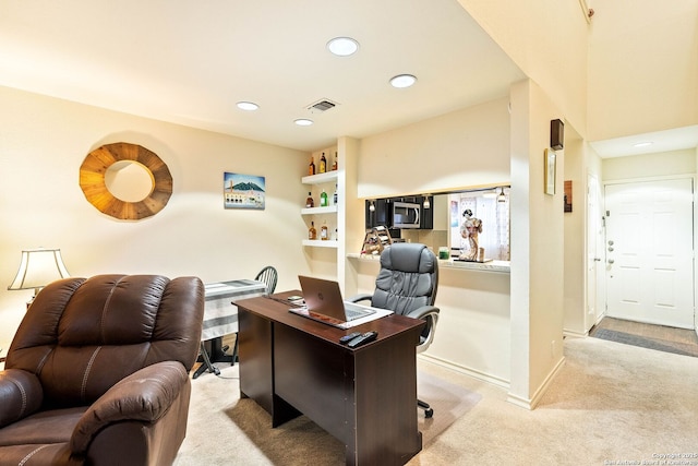 office with light carpet, baseboards, visible vents, and recessed lighting