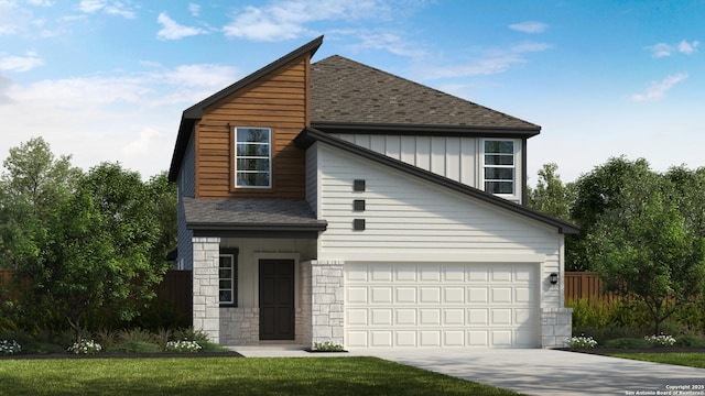 view of front of home with a garage, concrete driveway, roof with shingles, fence, and board and batten siding