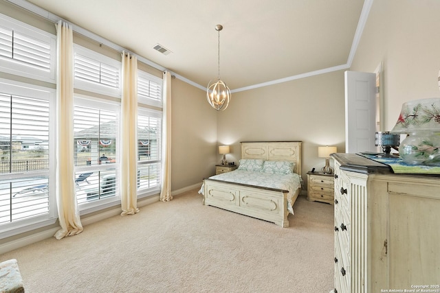 bedroom with light carpet, visible vents, a chandelier, and crown molding