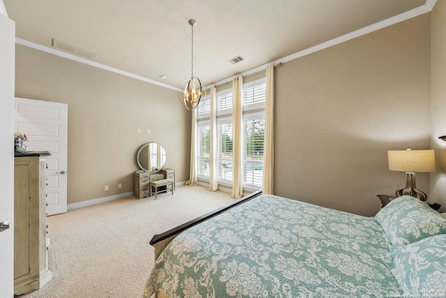 bedroom with visible vents, a chandelier, carpet flooring, and ornamental molding