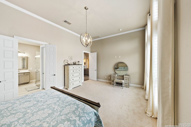 bedroom with a chandelier, light carpet, visible vents, baseboards, and crown molding