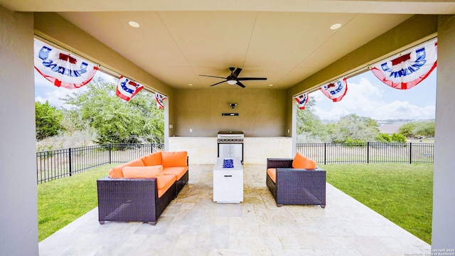 view of patio featuring area for grilling, outdoor lounge area, a fenced backyard, and a ceiling fan