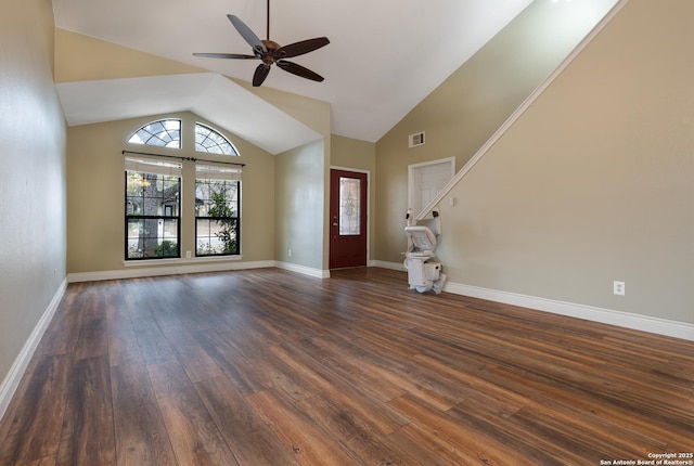 unfurnished living room featuring high vaulted ceiling, baseboards, visible vents, and dark wood-style flooring