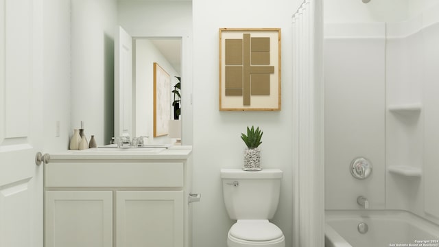 full bath featuring shower / tub combo, vanity, and toilet