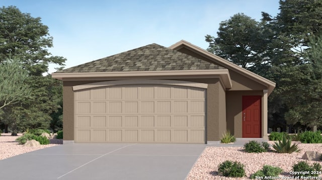 view of front of property featuring a garage, roof with shingles, driveway, and stucco siding