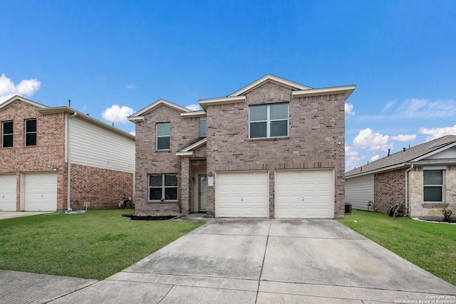 traditional-style home with driveway, brick siding, an attached garage, and a front yard