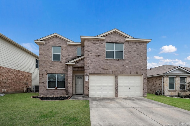 traditional-style house with brick siding, an attached garage, central AC, driveway, and a front lawn