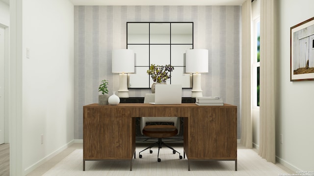 home office featuring baseboards and wallpapered walls