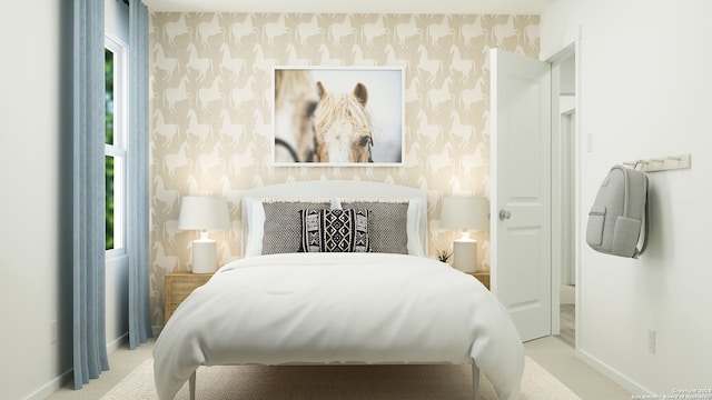 bedroom featuring wallpapered walls, carpet, and baseboards