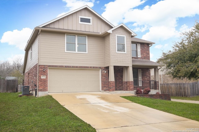 craftsman house with brick siding, a porch, board and batten siding, driveway, and a front lawn