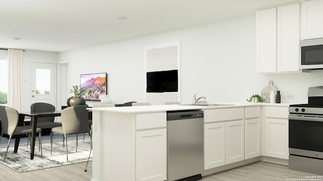 kitchen with light countertops, appliances with stainless steel finishes, a sink, and white cabinets