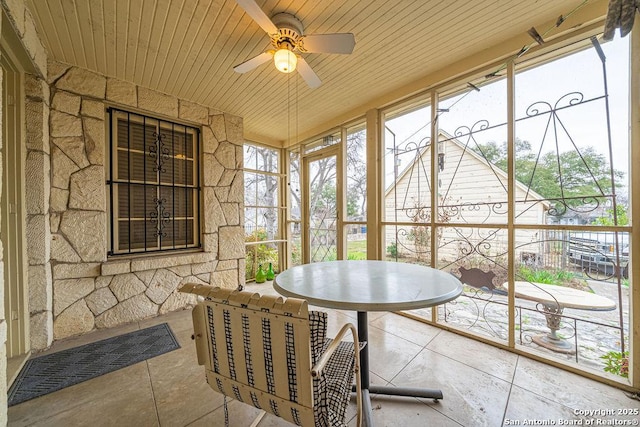 sunroom with ceiling fan and wood ceiling