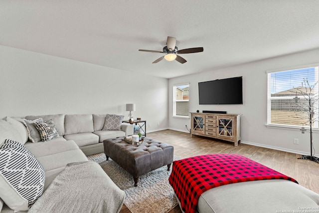 living area with ceiling fan, a healthy amount of sunlight, and light wood-style floors