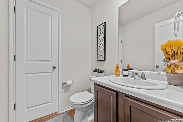 bathroom featuring vanity, toilet, and wood finished floors