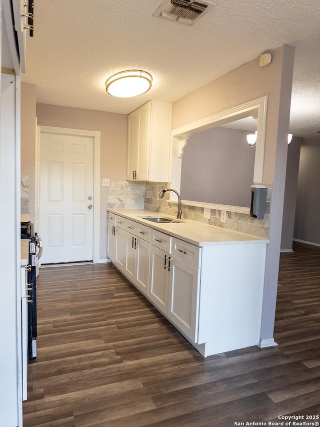 kitchen with a sink, visible vents, white cabinets, light countertops, and dark wood-style floors