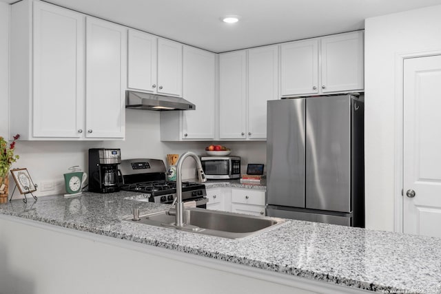 kitchen with white cabinets, under cabinet range hood, light stone counters, and stainless steel appliances