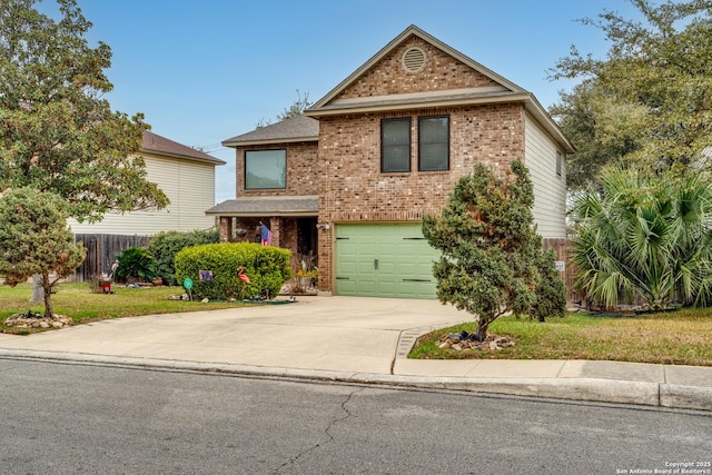 traditional-style home featuring driveway, a garage, fence, and brick siding