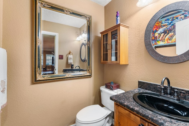 bathroom with toilet, a textured wall, and vanity