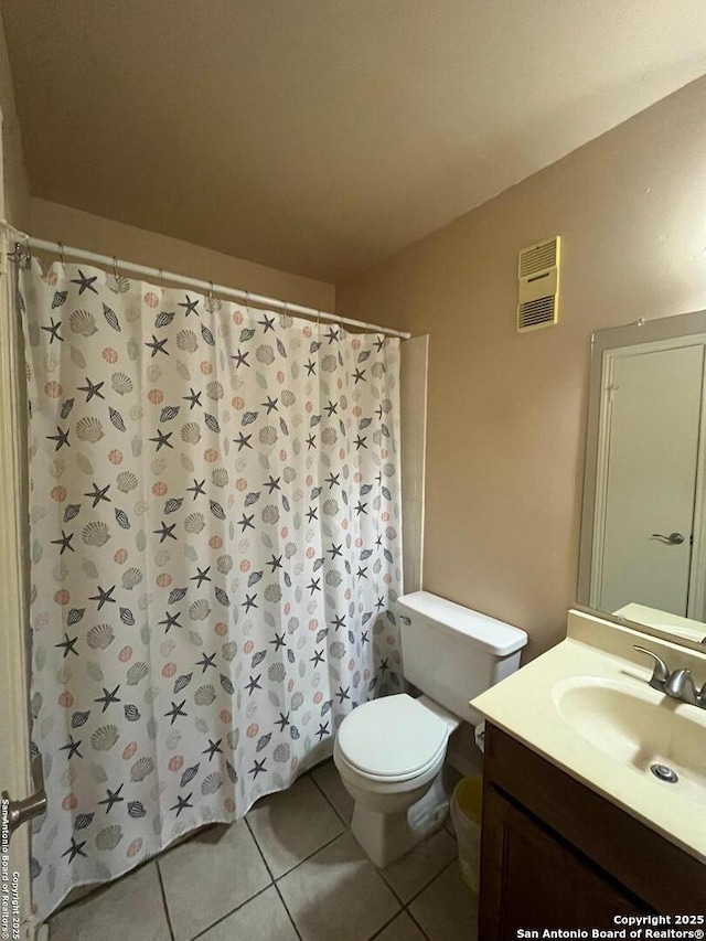 full bath featuring visible vents, toilet, vanity, and tile patterned floors