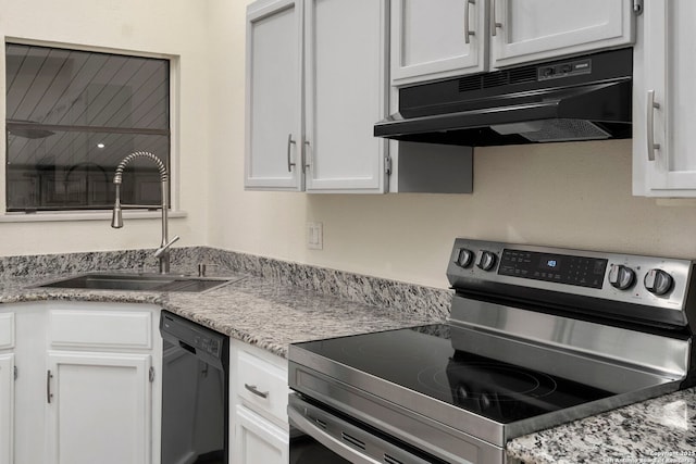 kitchen featuring under cabinet range hood, a sink, white cabinets, stainless steel electric range, and dishwasher