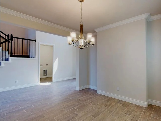 unfurnished room with baseboards, ornamental molding, stairs, light wood-type flooring, and a chandelier