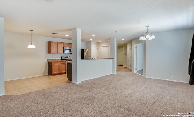 unfurnished living room with baseboards, recessed lighting, a chandelier, and light colored carpet