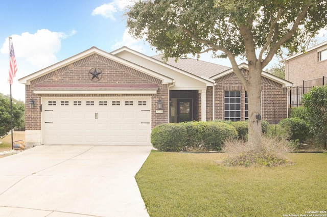 ranch-style home featuring concrete driveway, brick siding, an attached garage, and a front lawn