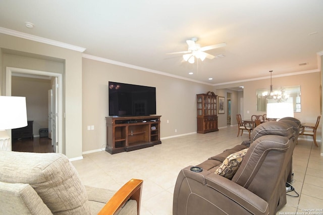 living room with ornamental molding, baseboards, and light tile patterned floors