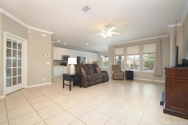 living area with light tile patterned floors, baseboards, visible vents, and ornamental molding