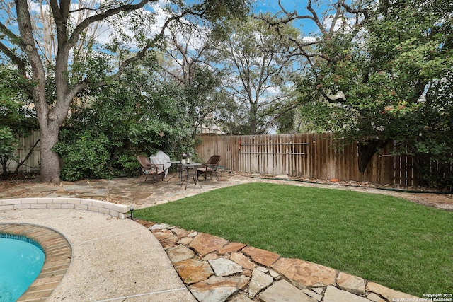 view of yard with a patio area and a fenced backyard