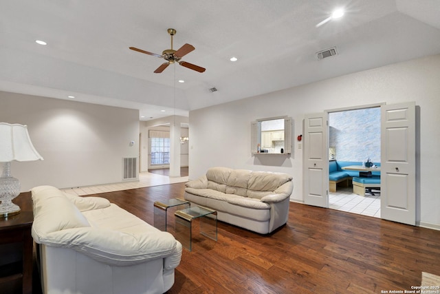 living room with ceiling fan, visible vents, wood finished floors, and recessed lighting