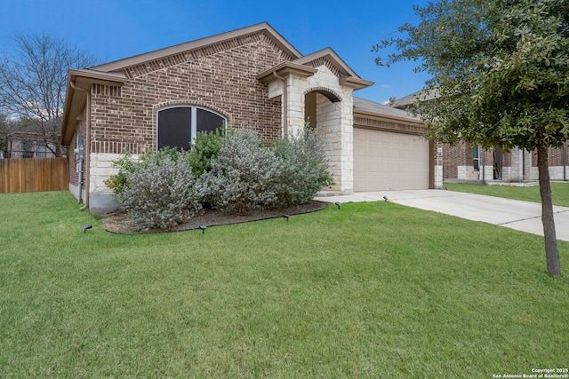 view of front of home with a garage, a front yard, brick siding, and driveway