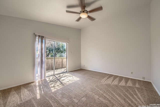 unfurnished room with carpet floors, ceiling fan, and baseboards