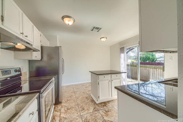 kitchen featuring under cabinet range hood, visible vents, white cabinetry, stainless steel electric range, and dark countertops