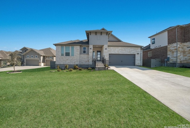 view of front of house with a garage, stone siding, concrete driveway, a residential view, and a front lawn