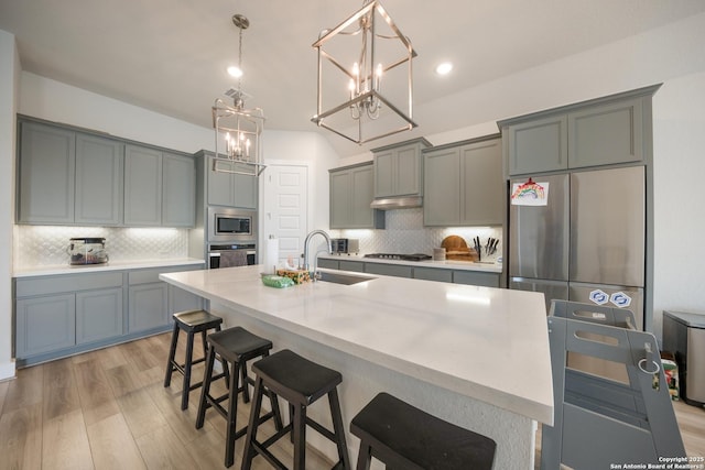 kitchen featuring a sink, stainless steel appliances, light countertops, and a kitchen island with sink