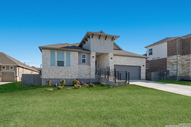 view of front of home featuring a garage, fence, stone siding, driveway, and a front lawn