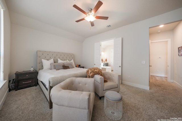 bedroom with baseboards, visible vents, light colored carpet, lofted ceiling, and ceiling fan